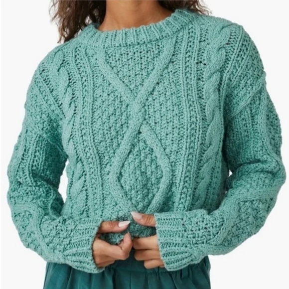 Free People Cutting Edge Mint Green Cable Knit Sweater Womens Size Large - Picture 1 of 6